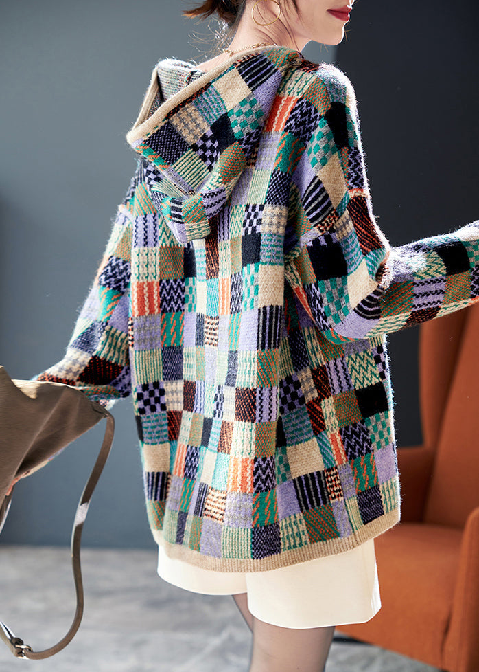 Stylish Plaid Hooded Patchwork Knit Sweater Spring TF042