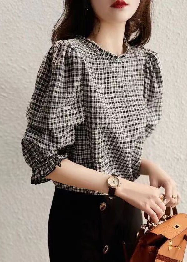 Stylish Plaid Ruffled Button Cotton Shirt Half Sleeve RE023 MZF-HTP240807