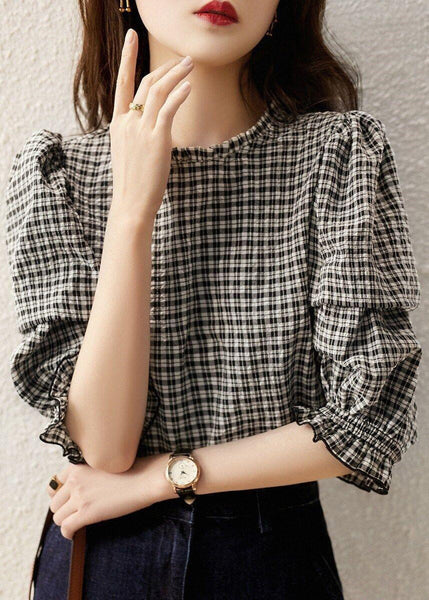 Stylish Plaid Ruffled Button Cotton Shirt Half Sleeve RE023 MZF-HTP240807