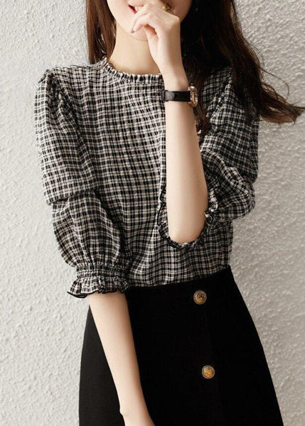 Stylish Plaid Ruffled Button Cotton Shirt Half Sleeve RE023 MZF-HTP240807