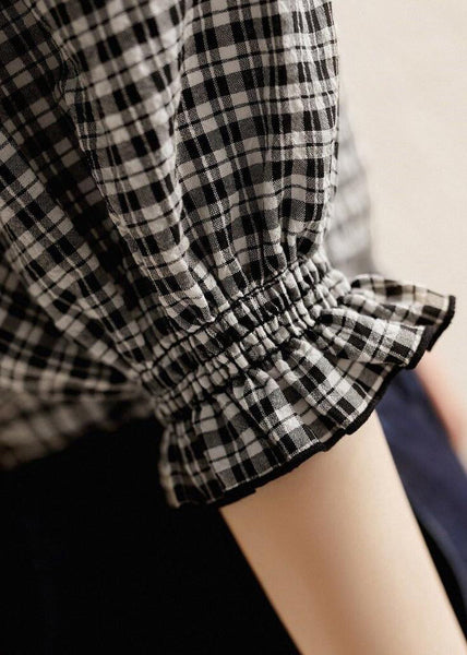 Stylish Plaid Ruffled Button Cotton Shirt Half Sleeve RE023 MZF-HTP240807