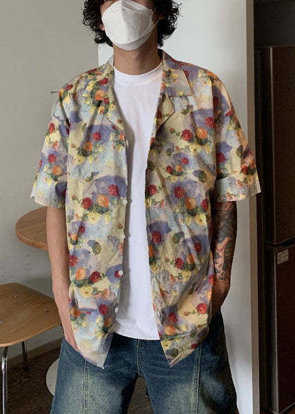 Button Stylish Mens Shirts Summer Print Cotton FashionChic