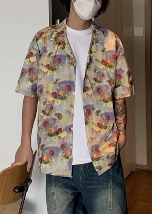 Button Stylish Mens Shirts Summer Print Cotton FashionChic