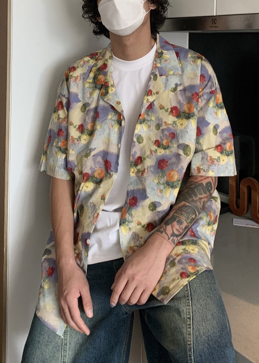 Button Stylish Mens Shirts Summer Print Cotton FashionChic