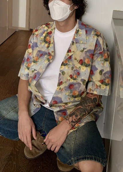 Button Stylish Mens Shirts Summer Print Cotton FashionChic