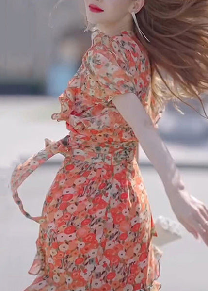 Stylish Print Ruffled Tie Waist Chiffon Long Dresses Summer XX010 SH-LF-SDL240611