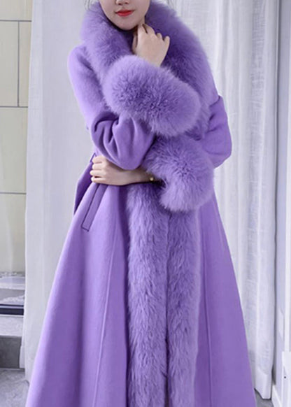 Stylish Purple Bow Tie Waist Woolen Long Coats Winter RD003 ABC