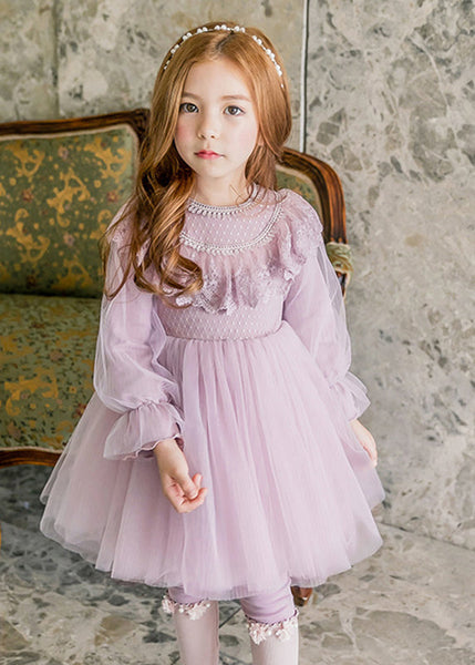 Stylish Purple O-Neck Patchwork Tulle Girls Maxi Dresses Lantern Sleeve YE022 ABC