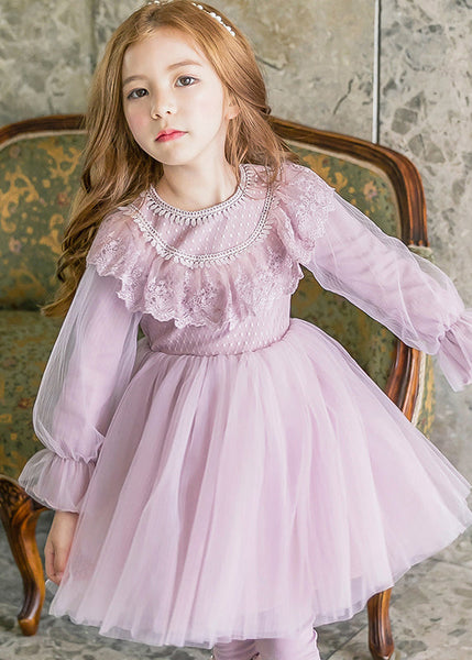 Stylish Purple O-Neck Patchwork Tulle Girls Maxi Dresses Lantern Sleeve YE022 ABC