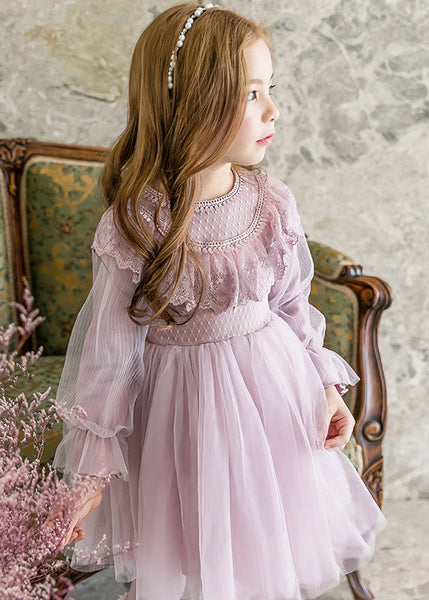Stylish Purple O-Neck Patchwork Tulle Girls Maxi Dresses Lantern Sleeve YE022 ABC
