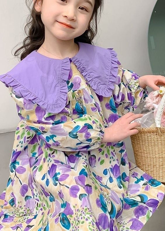 Stylish Purple Peter Pan Collar Print Girls Long Dresses Long Sleeve SS1058 MM-RCTZ-FDL240601