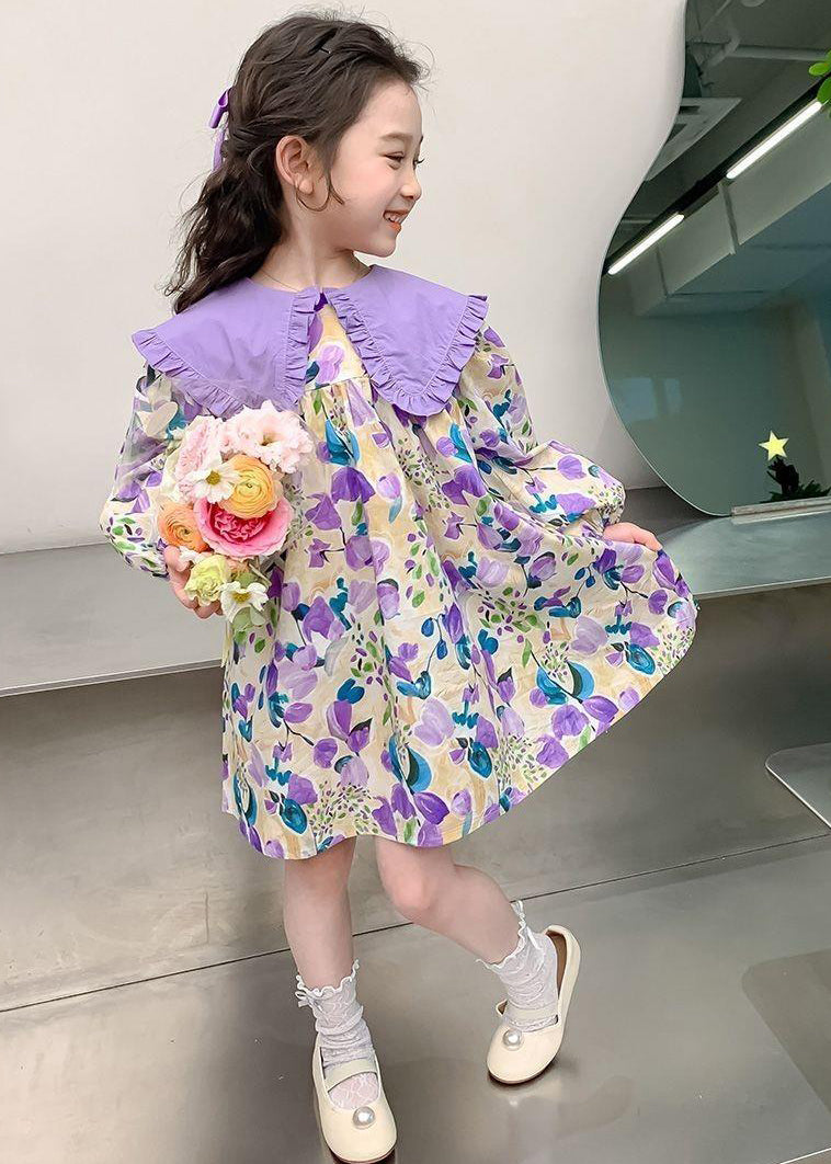 Stylish Purple Peter Pan Collar Print Girls Long Dresses Long Sleeve SS1058 MM-RCTZ-FDL240601