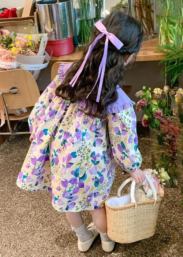 Stylish Purple Peter Pan Collar Print Girls Long Dresses Long Sleeve SS1058 MM-RCTZ-FDL240601