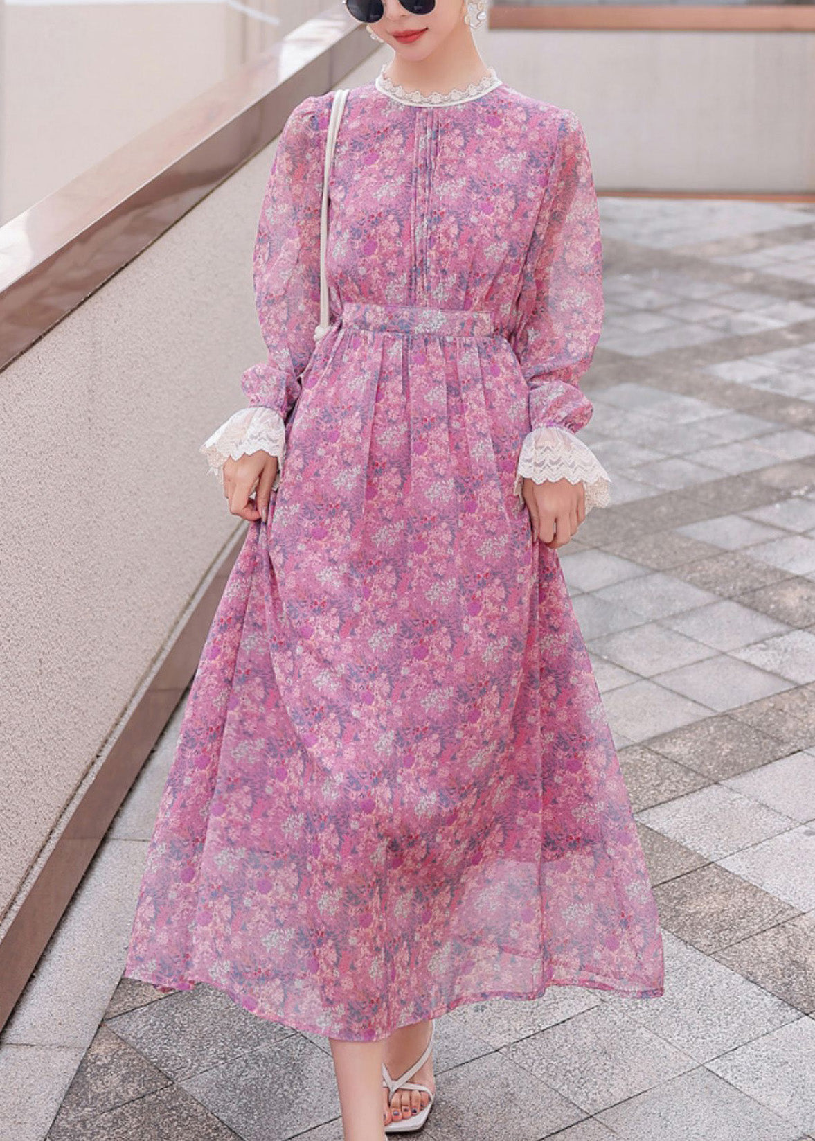 Stylish Purple Print Lace Patchwork Chiffon Holiday Dress Summer XX060 SH-LF-SDL240611