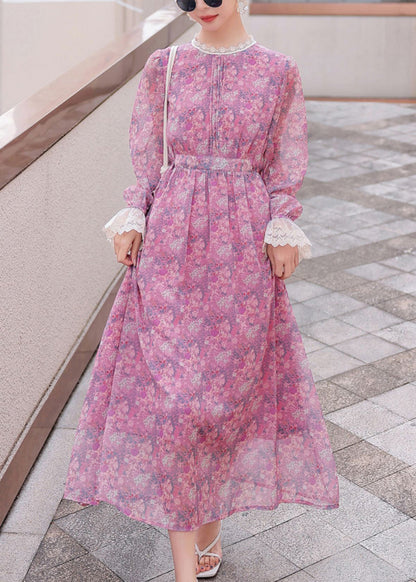 Stylish Purple Print Lace Patchwork Chiffon Holiday Dress Summer XX060 SH-LF-SDL240611