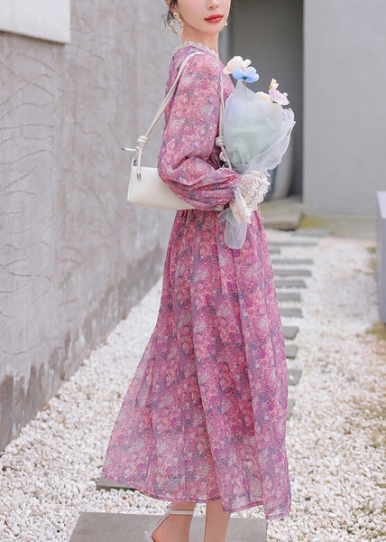 Stylish Purple Print Lace Patchwork Chiffon Holiday Dress Summer XX060 SH-LF-SDL240611