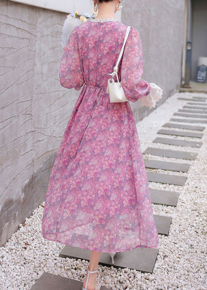 Stylish Purple Print Lace Patchwork Chiffon Holiday Dress Summer XX060 SH-LF-SDL240611