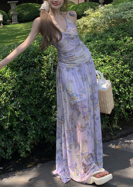 Dresses Purple Stylish Lace Tulle Up Long Print Sleeveless FashionChic