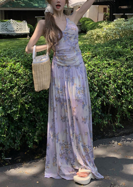 Dresses Purple Stylish Lace Tulle Up Long Print Sleeveless FashionChic