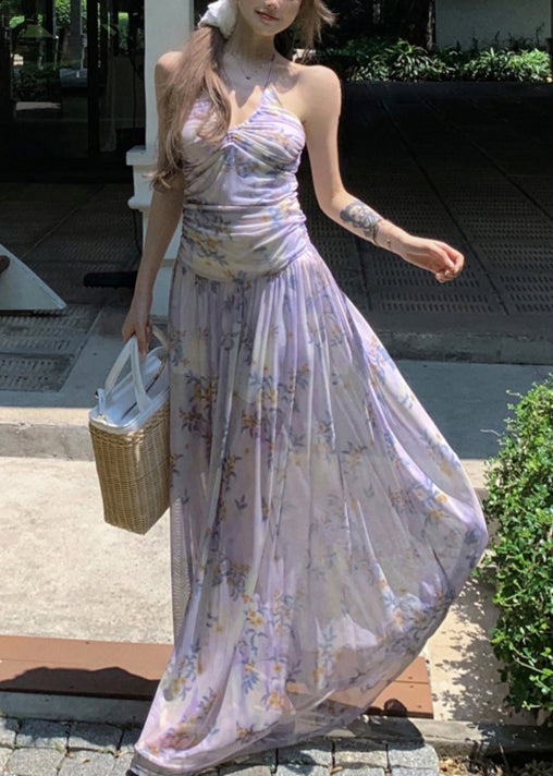 Dresses Purple Stylish Lace Tulle Up Long Print Sleeveless FashionChic