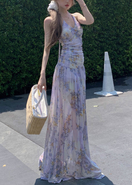 Dresses Purple Stylish Lace Tulle Up Long Print Sleeveless FashionChic