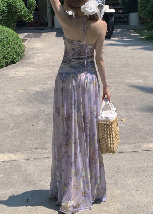 Dresses Purple Stylish Lace Tulle Up Long Print Sleeveless FashionChic