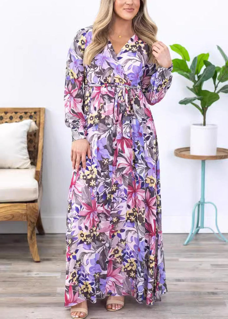 Stylish Purple Print Tie Waist Chiffon Maxi Dress Long Sleeve AU1030 OM-ZS240902