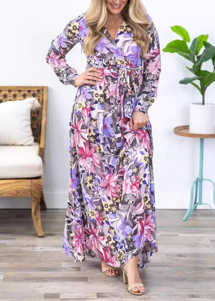 Stylish Purple Print Tie Waist Chiffon Maxi Dress Long Sleeve AU1030 OM-ZS240902