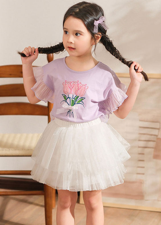 Stylish Purple Print Tulle Patchwork Girls Top And Pleated Skirts Two Pieces Set Summer SS1011 MM-RCTZ-TPGIEC240601