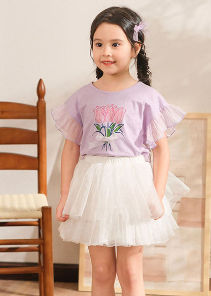 Stylish Purple Print Tulle Patchwork Girls Top And Pleated Skirts Two Pieces Set Summer SS1011 MM-RCTZ-TPGIEC240601