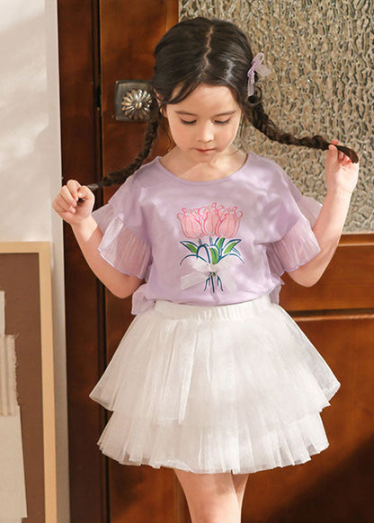 Stylish Purple Print Tulle Patchwork Girls Top And Pleated Skirts Two Pieces Set Summer SS1011 MM-RCTZ-TPGIEC240601