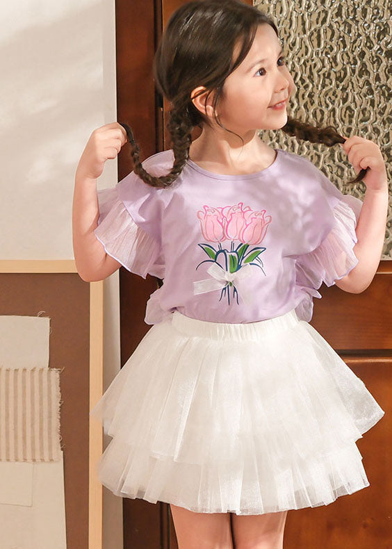 Stylish Purple Print Tulle Patchwork Girls Top And Pleated Skirts Two Pieces Set Summer SS1011 MM-RCTZ-TPGIEC240601