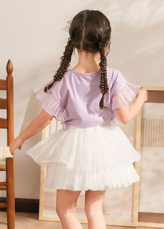 Stylish Purple Print Tulle Patchwork Girls Top And Pleated Skirts Two Pieces Set Summer SS1011 MM-RCTZ-TPGIEC240601