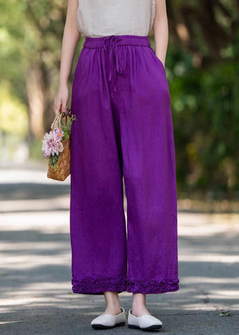Linen Purple Solid Pockets Wide Pants Ruffled Leg Stylish FashionChic