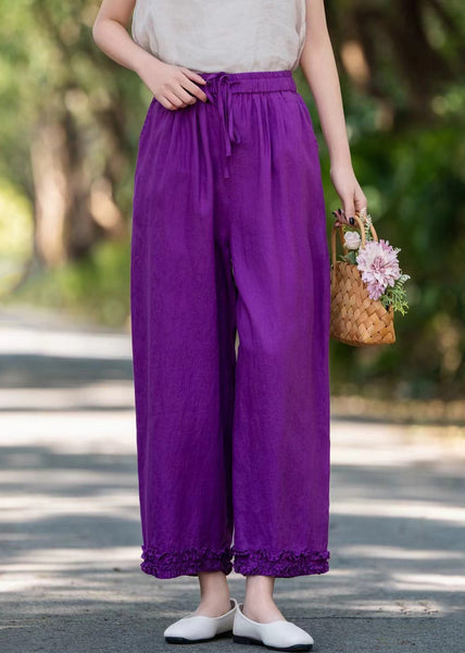 Linen Purple Solid Pockets Wide Pants Ruffled Leg Stylish FashionChic
