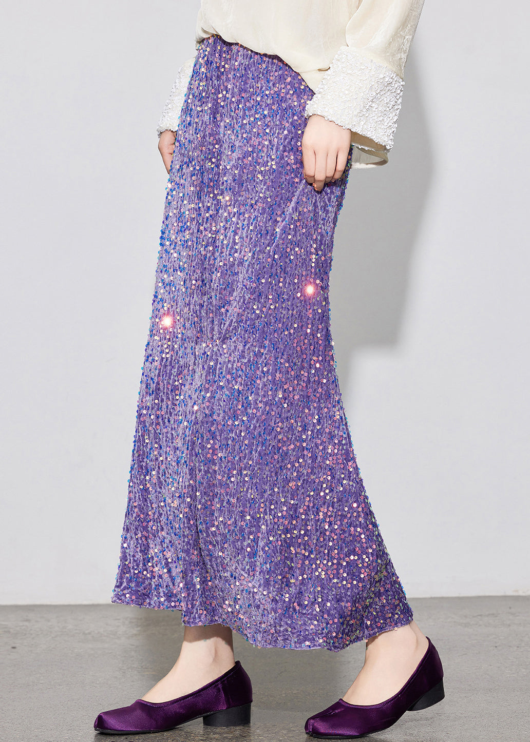 Elastic Skirt Silk Spring Stylish Sequins Velvet Waist Purple FashionChic