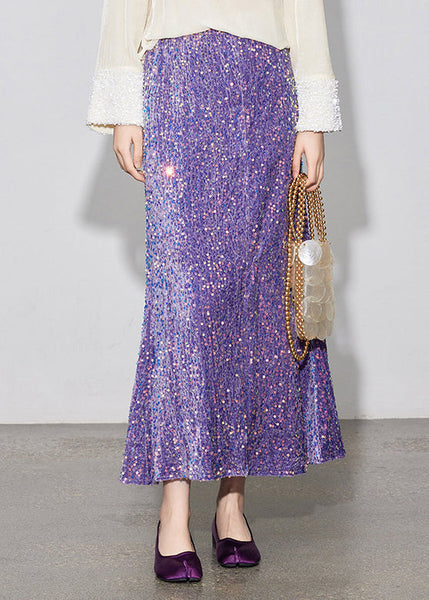 Elastic Skirt Silk Spring Stylish Sequins Velvet Waist Purple FashionChic
