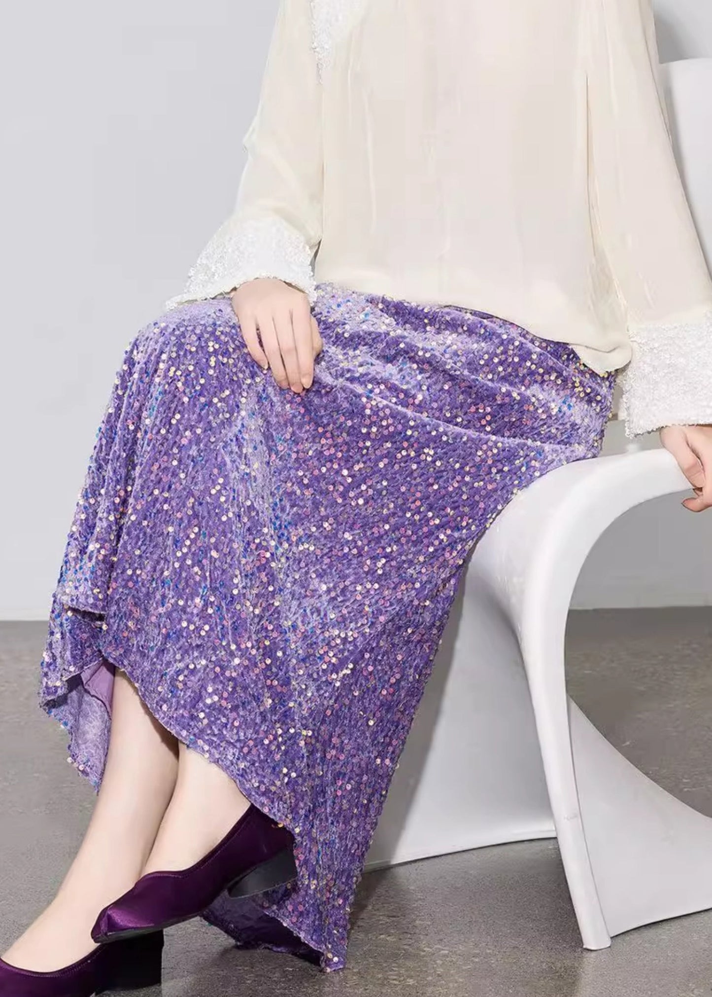 Elastic Skirt Silk Spring Stylish Sequins Velvet Waist Purple FashionChic