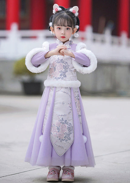 Stylish Purple Stand Collar Embroideried Nail Bead Girls Maxi Dresses Winter TR011 ABC