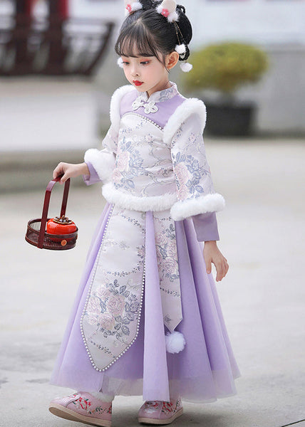 Stylish Purple Stand Collar Embroideried Nail Bead Girls Maxi Dresses Winter TR011 ABC