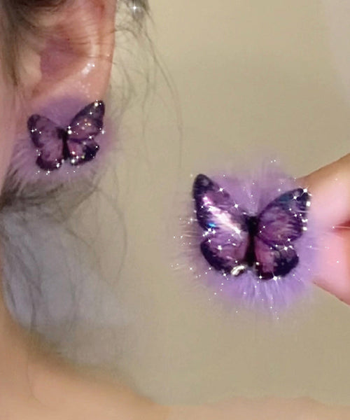 Stylish Purple Sterling Silver Overgild Butterfly Fluffy Stud Earrings YD030 ABC