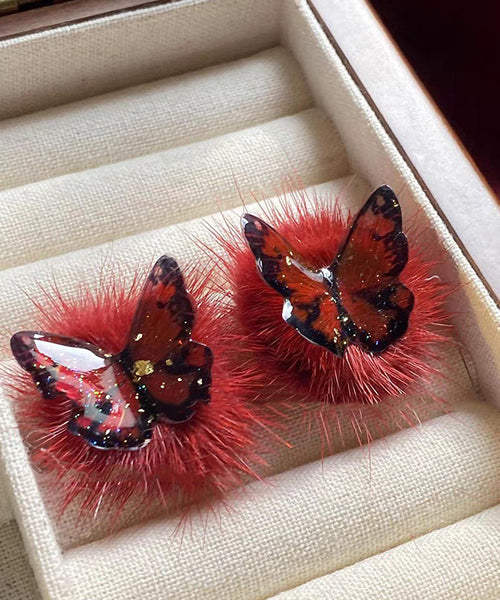 Stylish Purple Sterling Silver Overgild Butterfly Fluffy Stud Earrings YD030 ABC