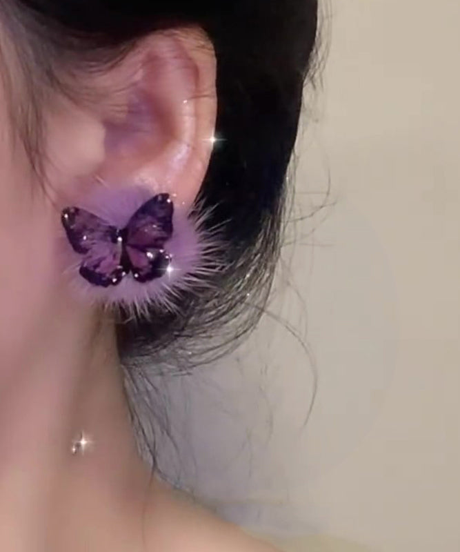 Stylish Purple Sterling Silver Overgild Butterfly Fluffy Stud Earrings YD030 ABC