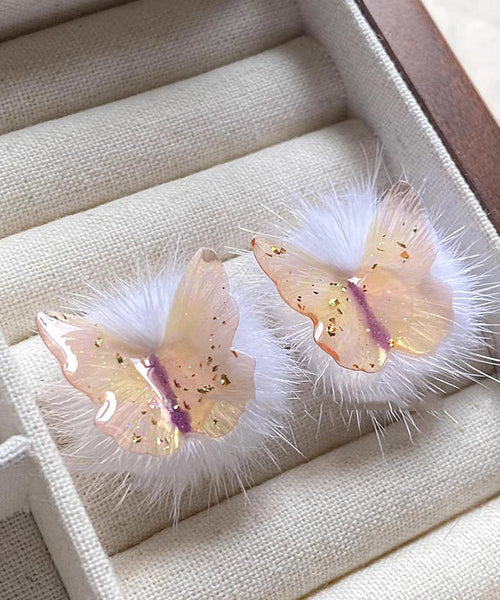 Stylish Purple Sterling Silver Overgild Butterfly Fluffy Stud Earrings YD030 ABC