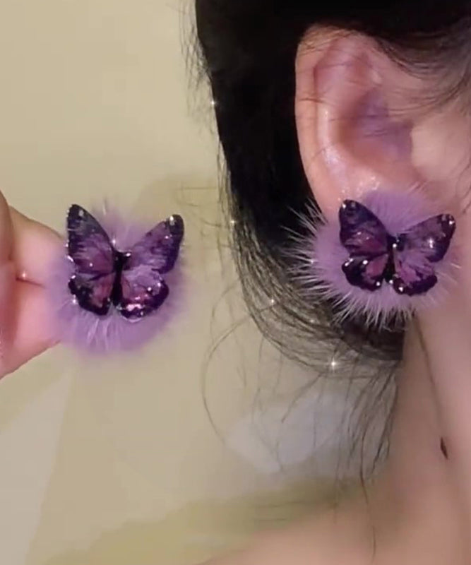 Stylish Purple Sterling Silver Overgild Butterfly Fluffy Stud Earrings YD030 ABC
