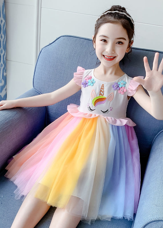 Stylish Rainbow O-Neck Tulle Patchwork Cotton Girls Dress Summer EW053 WS-RCTZSDGL240809