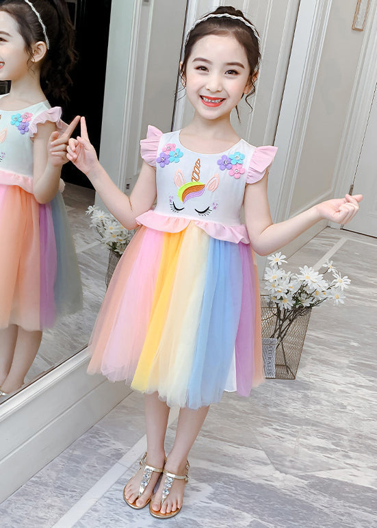 Stylish Rainbow O-Neck Tulle Patchwork Cotton Girls Dress Summer EW053 WS-RCTZSDGL240809
