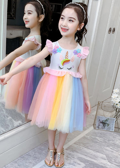 Stylish Rainbow O-Neck Tulle Patchwork Cotton Girls Dress Summer EW053 WS-RCTZSDGL240809