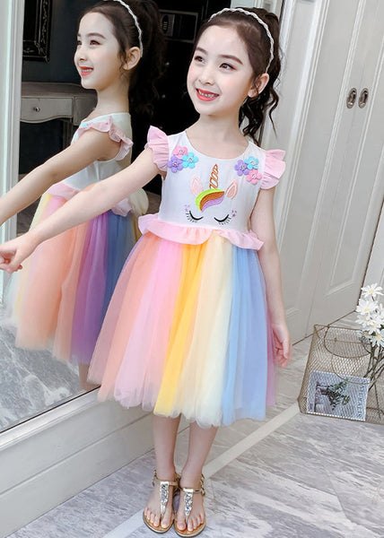 Stylish Rainbow O-Neck Tulle Patchwork Cotton Girls Dress Summer EW053 WS-RCTZSDGL240809