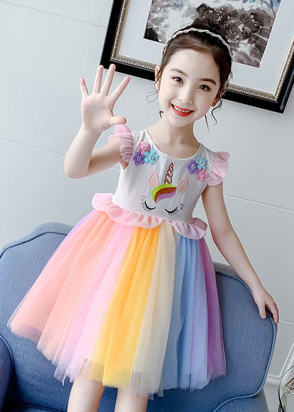 Stylish Rainbow O-Neck Tulle Patchwork Cotton Girls Dress Summer EW053 WS-RCTZSDGL240809